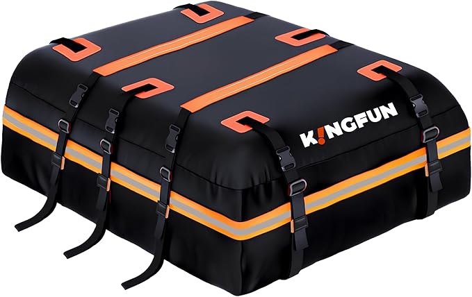 Kingfun Car Rooftop Cargo Carrier – Waterproof 20 Cubic Feet Car Roof Bag Fit All Vehicles with/Without Roof Racks, Includes Anti-Slip Mat, 8 Reinforced Straps & 6 Door Hooks, Luggage Locks