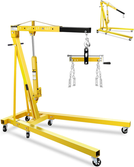 2-Ton Folding Engine Hoist with Lever, Hydraulic Shop Crane with 6 Swivel Wheels & Adjustable Boom (0.5T-2T), Heavy-Duty Cherry Picker for Garage, Workshop, Truck, Farm (Net Wt. 168 lbs)