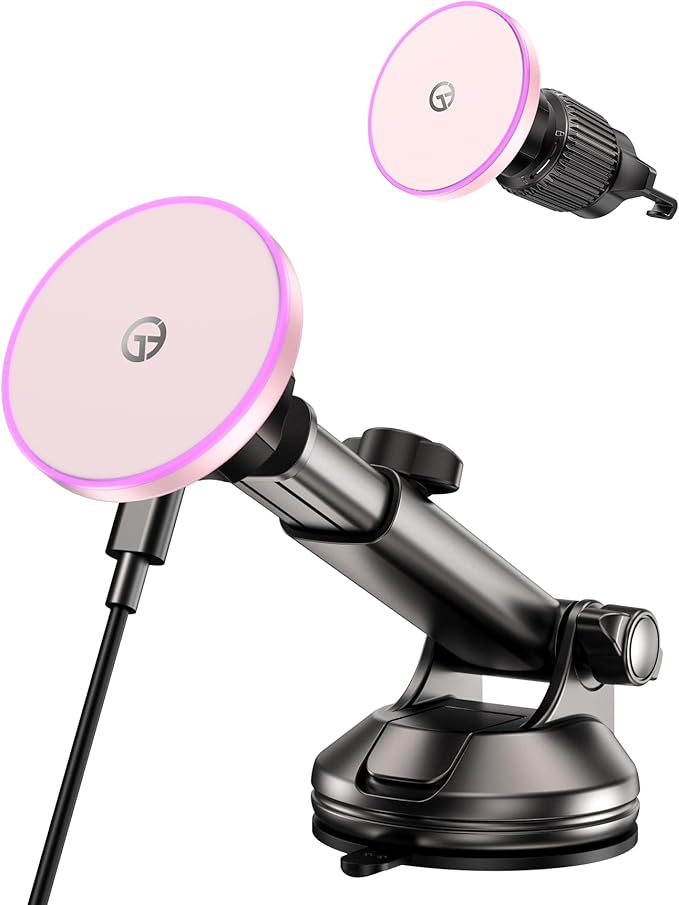 for MagSafe Car Mount Charger Dash/Windshield/Vent Wireless Car Charger with [LED Light], Magnetic Phone Holder for Car for iPhone 17 16 15 14 13 12 Series, Fit MagSafe Accessories (Pink)