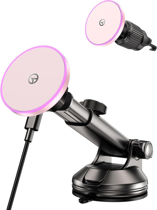 for MagSafe Car Mount Charger Dash/Windshield/Vent Wireless Car Charger with [LED Light], Magnetic Phone Holder for Car for iPhone 17 16 15 14 13 12 Series, Fit MagSafe Accessories (Pink)