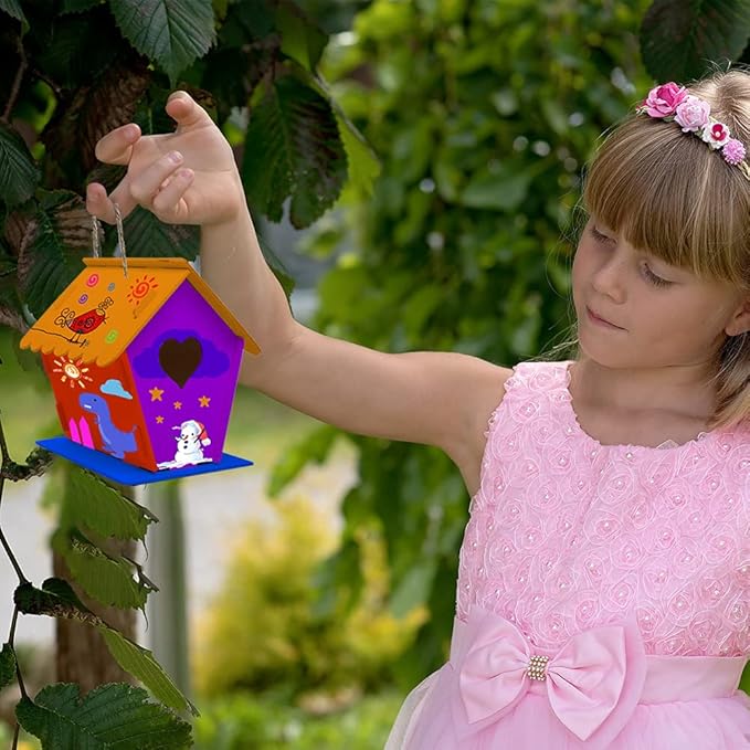 hapray 2 Pack Bird House Kit, DIY Birdhouse Kits, Wooden Crafts Arts for Children to Build and Paint (Includes Paints & Brushes) for Kids Girls Boys Toddlers Halloween Christmas Gifts