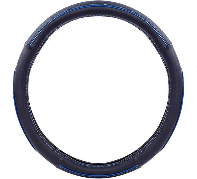 Car Pass Colour Piping Leather Universal Fit Steering Wheel Cover,Perfectly fit for 14.5-15 inches Suvs, Vans, Trucks, Sedans, Cars (Black&Blue)
