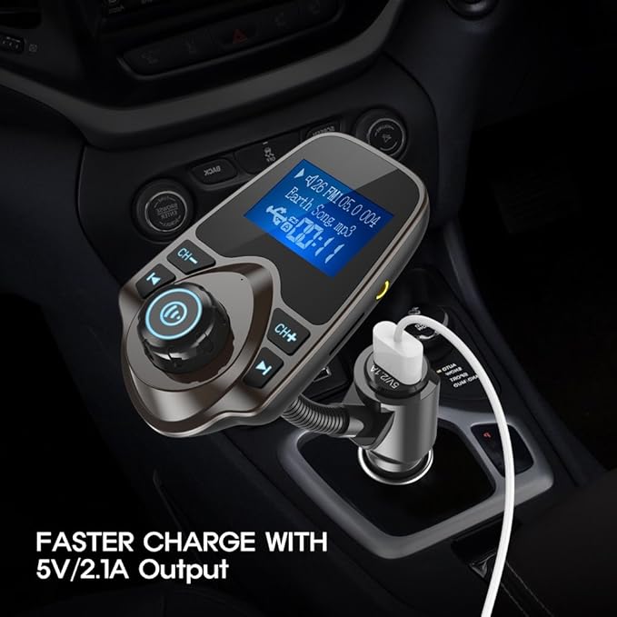 Nulaxy Bluetooth Car FM Transmitter Audio Adapter Receiver Wireless Handsfree Car Kit TF Card AUX 1.44 Display – KM18 Brown