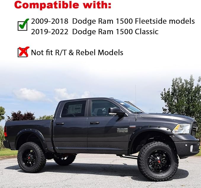 G-PLUS Fender Flares, Compatible with Dodge Ram 1500 2009-2018, Compatible with Dodge Ram 1500 Classic 2019-2022(Excludes R/T and Rebel Models),Paintable Smooth Matte Black Pocket Riveted Style