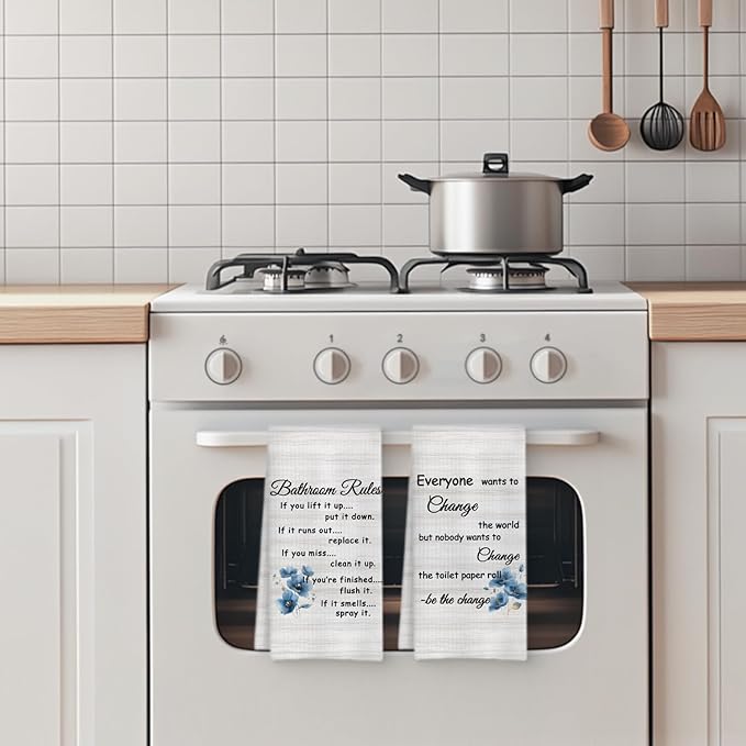 Funny Bathroom Rules Decorative Hand Towels Set of 2, Rustic Farmhouse Hand Towels for Bathroom Decor, 16x24 Inch(Blue Floral Style)