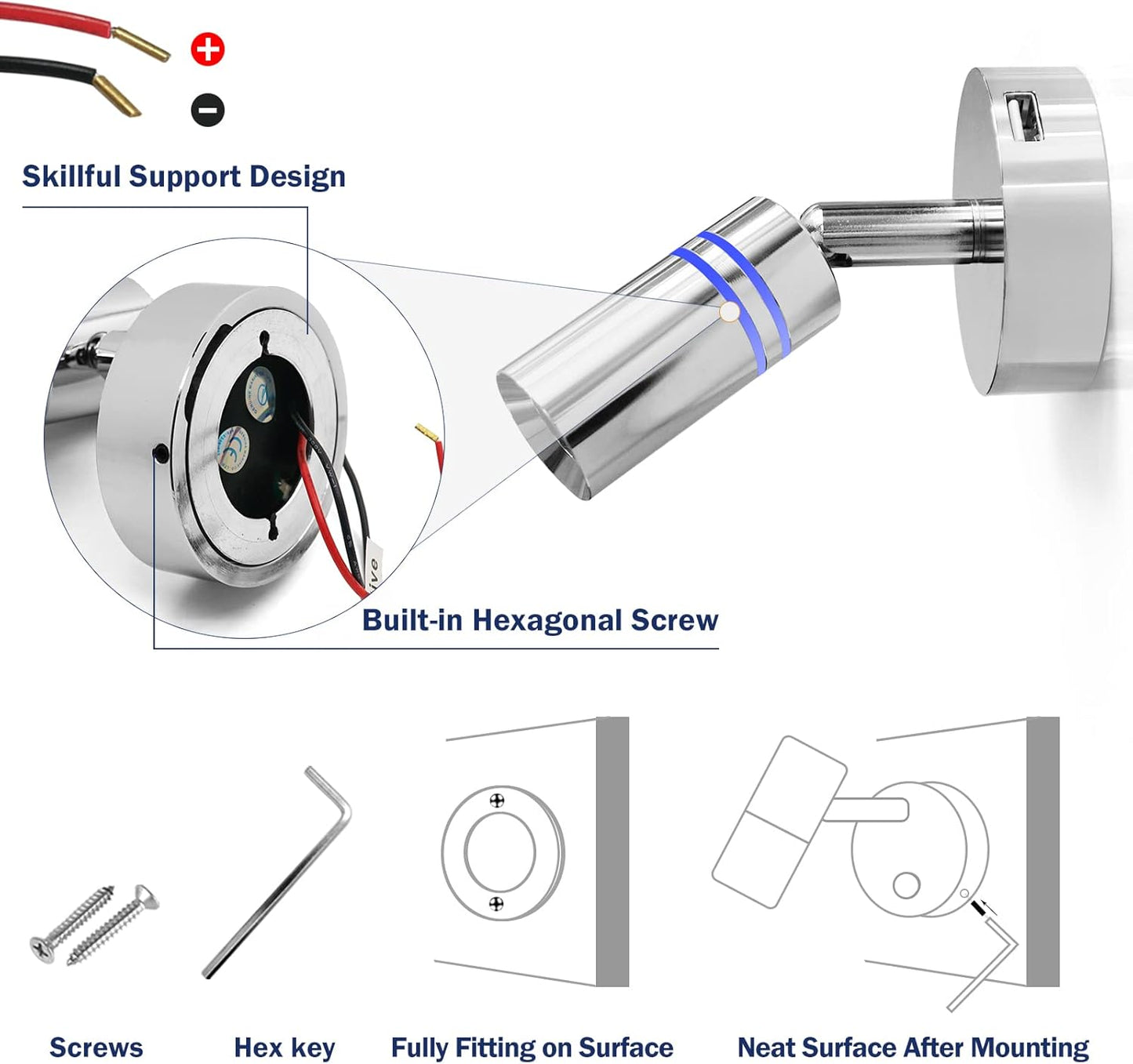 THALASSA 12V Interior LED RV Reading Lamp with 5V USB Port - Built-in Touch Switch, Dimmable Brightness, Surface Mounted on Wall Headboard of Boat Camper Van Travel Trailer Truck Cars Interior Light