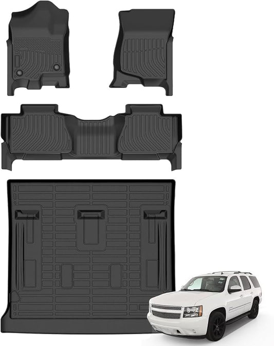 Floor Mats & Cargo Liner for 2014-2007 Chevrolet Tahoe 8 Seats (Not for Hybrid) & GMC Yukon(Not XL), All Weather Automotive TPE Floor Liners Set Waterproof Accessories Black