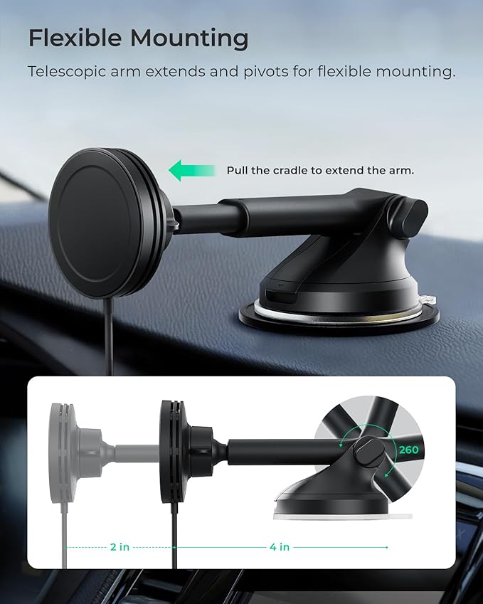 iOttie Velox Qi2 Mini 15W Wireless Charger Car Mount - Dash & Windshield Car Phone Holder - MagSafe Compatible iPhone Mount for Qi2 Smartphones (iPhone 12, 13, 14, 15, and 16) - Car Charger Included