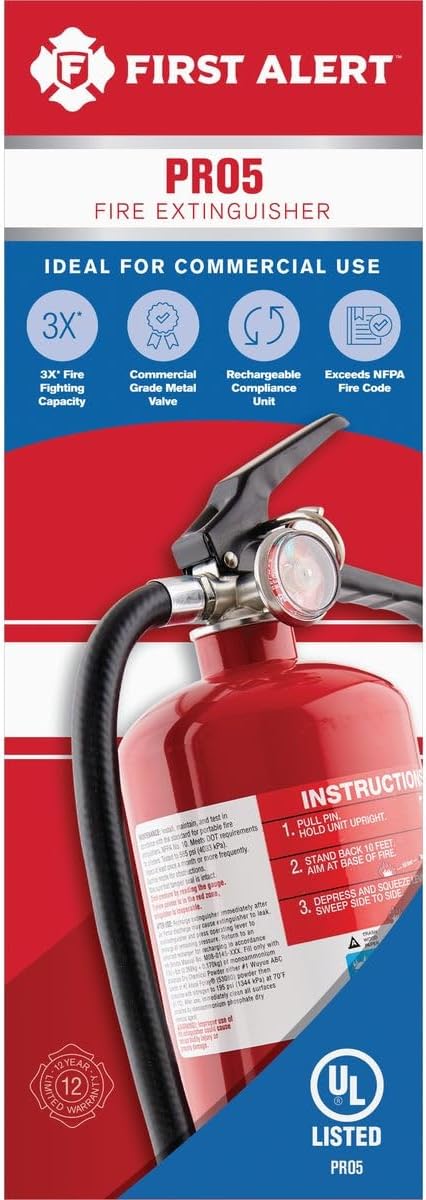FIRST ALERT PRO5 Rechargeable Heavy Duty Fire Extinguisher, UL RATED 3-A:40-B:C, Red, 1-Pack