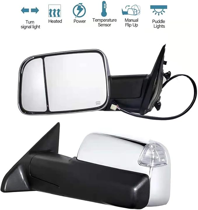 BOOLEE Towing Mirrors Power Heated Compatible with 2009-2018 Dodge Ram 1500 2500 3500 Turn Signal Lamp Puddle Light Temperature Sensor Pickup Truck Tow Mirrors Chrome