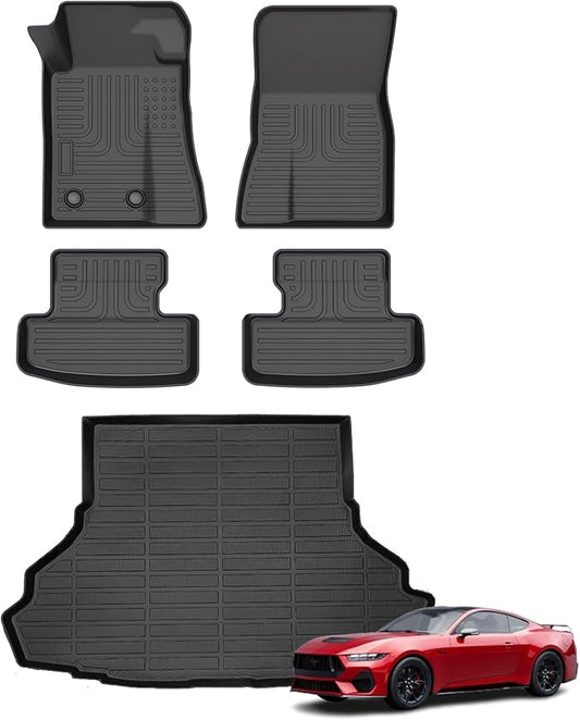 Floor Mats & Cargo Liner for Ford Mustang 2015-2024 2025 Convertible/Coupe/GT/EcoBoost Models (NOT for Mach-E Models) All Weather Automotive TPE Anti-Slip Floor Liners Accessories Black