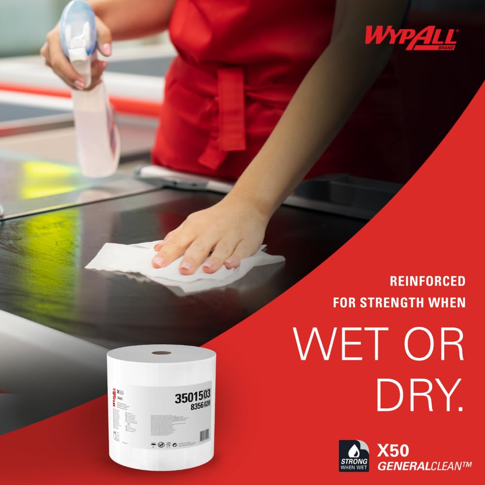 WypAll GeneralClean X50 Cloths Cleaning Wipes (35015), Jumbo, Strong Towels for Extended Use, White (1 Roll of 1,100 Sheets, 1,100 Sheet Total)