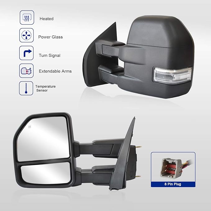 WLLW Towing Mirrors for 2015 2016 2017 2018 2019 2020 Ford F150 Pickup Truck, Power Heated with Turn Signal - 8 Pin Plug (Black Cap)