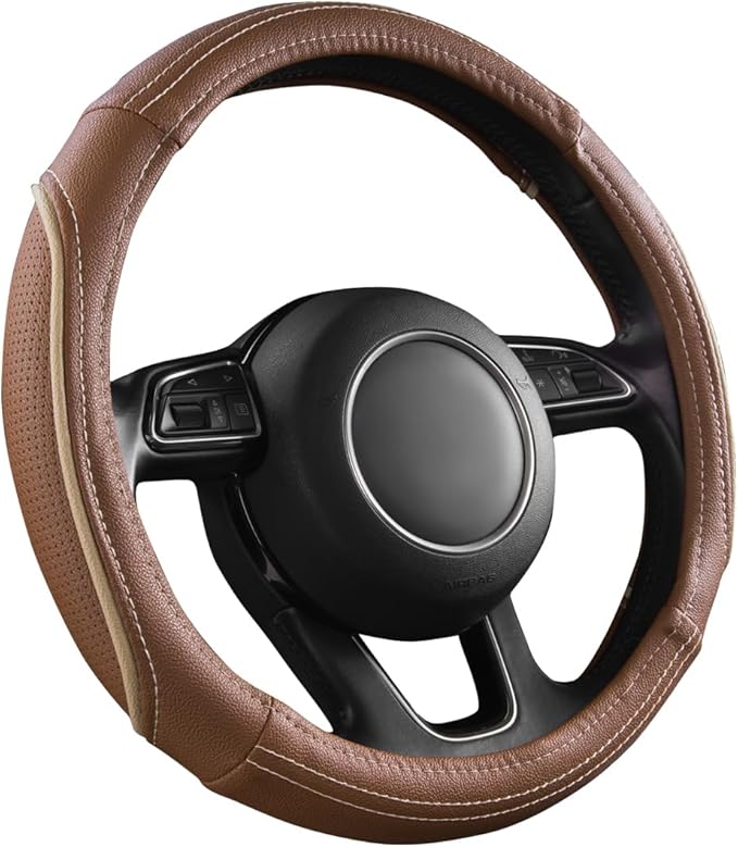CAR PASS Brown Delux Leather Steering Wheel Cover, Universal Fit for Suvs,Sedans,Vans,Small Trucks for 14.5" to 15"(Brown & Beige Piping)