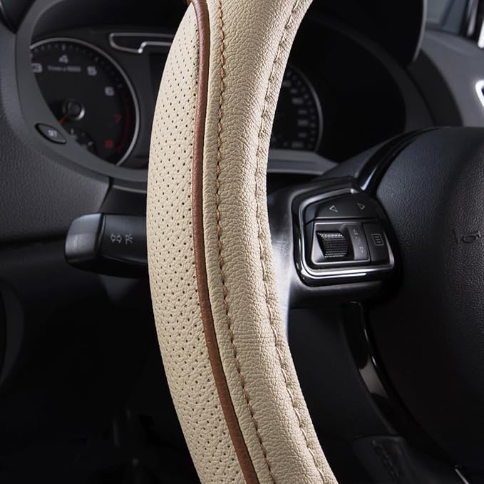 CAR PASS Line Rider Universal Fit Delux Leather Steering Wheel Cover, for suvs,sedans,Vans,Trucks for 14.7" to 15" (Beige)
