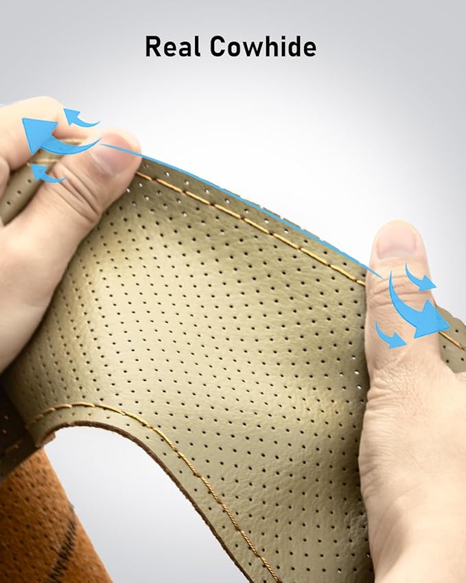 BELINOUS Universal Leather Car Steering Wheel Cover, Stitch On Wrap (Size M4, Beige)