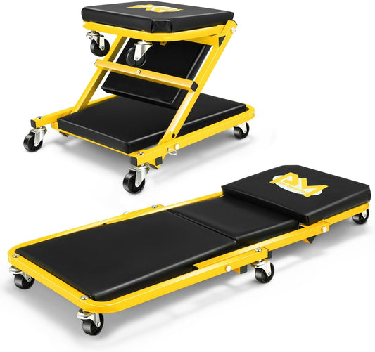 PM PERFORMOTOR 36 Inches Folding 2 in 1 Rolling Z Creeper, Adjustable Roller Garage Chair Lay Down or Sit, 6 Pcs 2" Casters, 150kg Weight Capacity, Yellow,PM-TOL-CPS36-YL