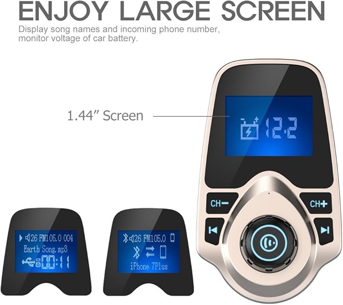 Nulaxy Bluetooth Car FM Transmitter Audio Adapter Receiver Wireless Handsfree Voltmeter Car Kit TF Card AUX 1.44 Display - KM18 Golden