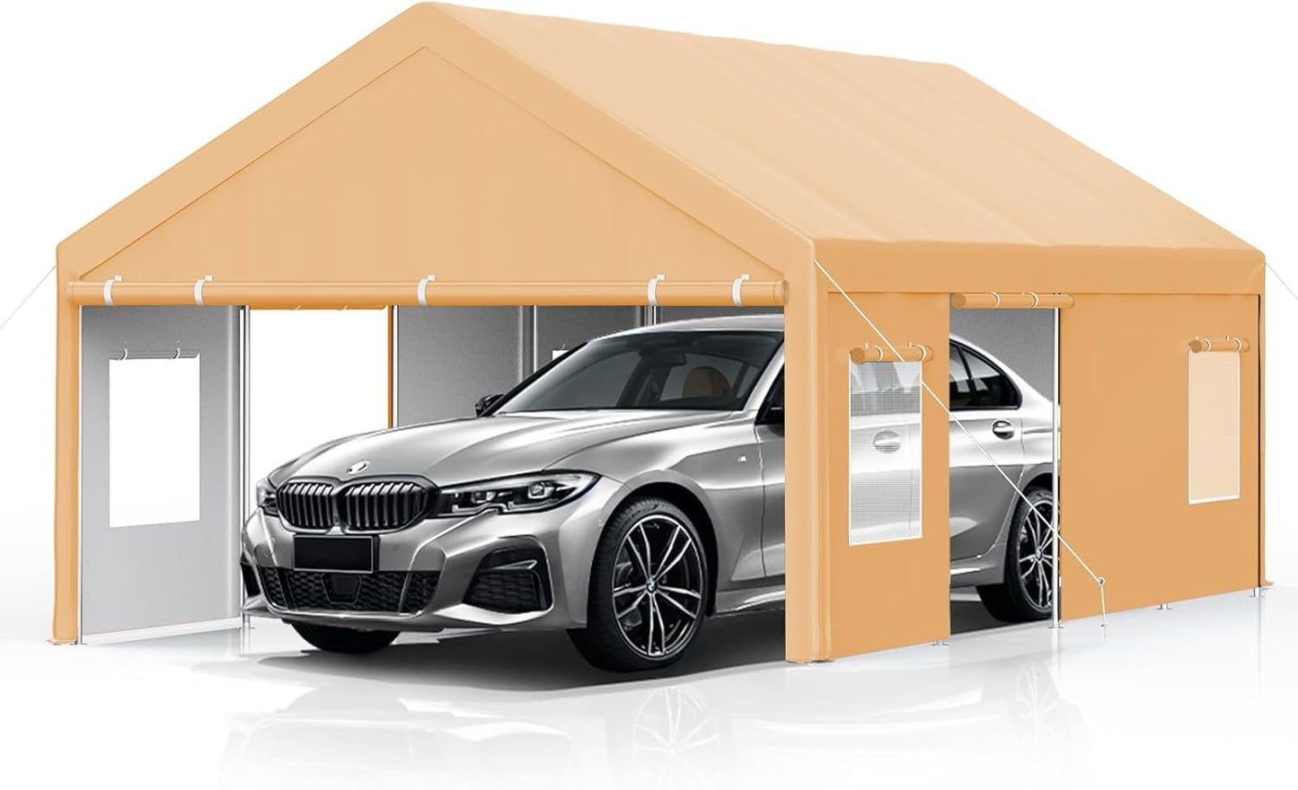 13x25 FT Heavy Duty Carport, Oversized Portable Garage with 4 Doors & 4 Windows, Reinforced Frame, All Weather Protection Outdoor Shelter Canopy for Cars, Boats, Trucks, BBQ and Outdoor Gatherings