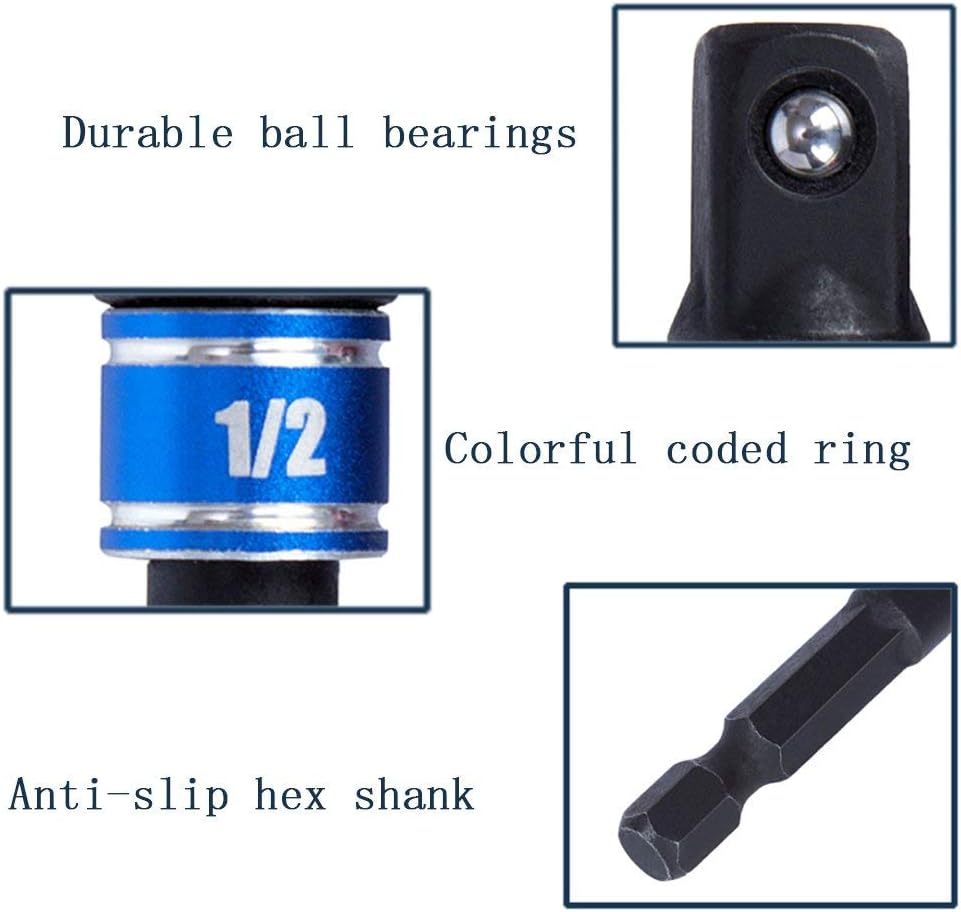 Impact Grade Power Hand Tools Driver Sockets Adapter Extension Set, 3Pcs 1/4 3/8 1/2" Hex Shank Drill Nut Driver Bit Set + 105 Degree Right Angle Driver Extension Screwdriver Drill Attachment