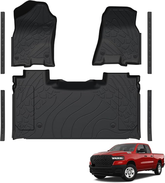 Car Floor Mats Fit for Dodge Ram 1500 Crew Cab 2019-2024 New Body (NOT Classic Models) Rear Row with Under-seat Storage, All Weather Truck Floor Liners Front & 2nd & Door Sill Guards Black Accessories