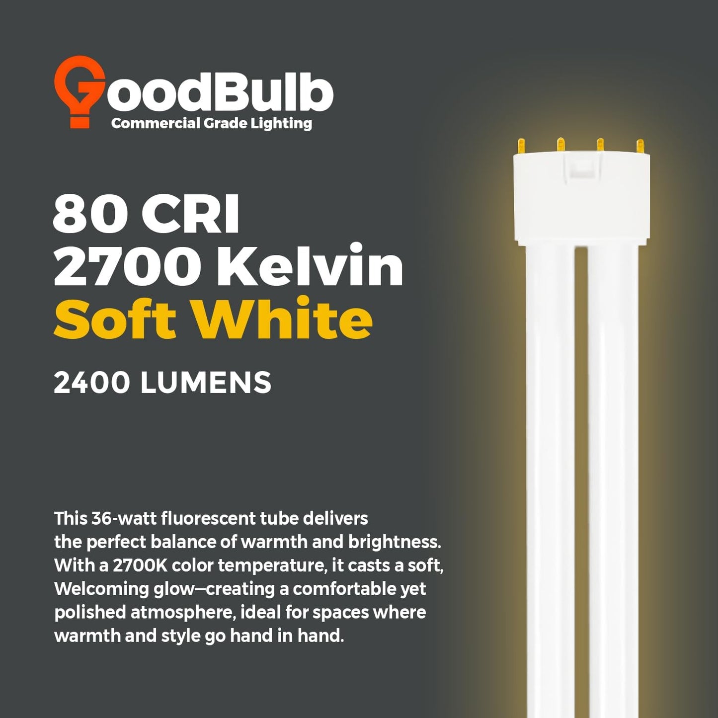 GoodBulb PLL36/827 | 36W 16.5" Twin Tube Compact Fluorescent Light Bulb | 4-pin 2G11 Base 2700K Soft White 2400 Lumen | 36000 Hour Long Life Biax | Pack of 10