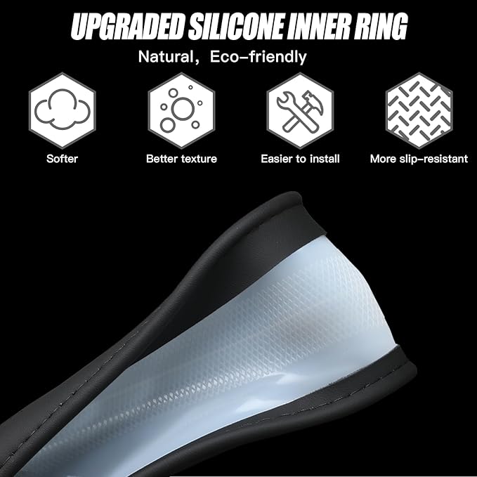 Genuine Leather Steering Wheel Cover for Men Women with Upgraded Silicone Inner Ring, Thin, Non-Slip, Breathable, Odorless, Universal 14.5-15 Inch (Pure Black, Genuine Leather)