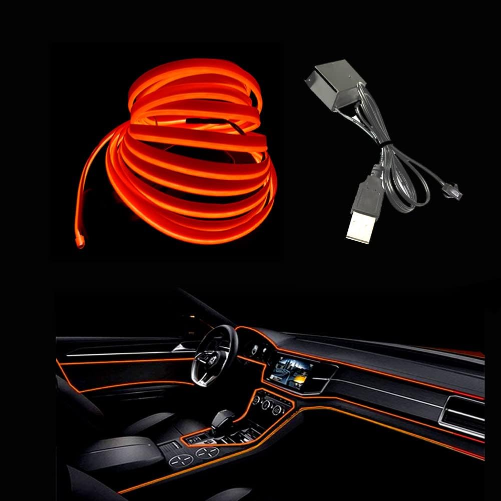 El Wire Orange Interior Car LED Strip Lights, 10M Neon Wire USB 5V with Fuse Protection for Automotive Interior Decoration, with 6mm Sewing Edge