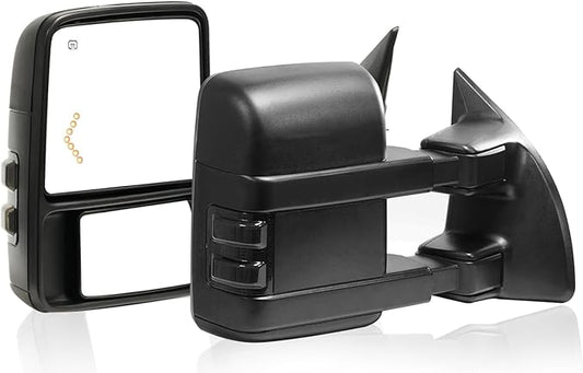 Towing Mirror Left & Right Pair For 99-07 F250/F350/F450/F550 Super Duty,01-05 Excursion,Power Heated,Smoke Signal Light,Arrow Lamp,Driver Passenger Side Lh Rh Replacement