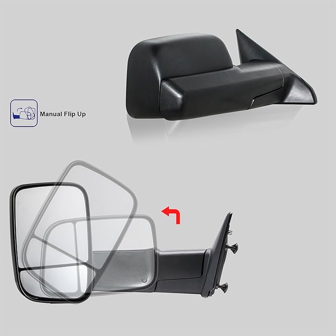 WLLW Towing Mirrors fit for 2009-2018 Dodge Ram 1500 2500 3500 Pickup with Manual Adjust Glass Manual Flip Manual Folding Black Cap