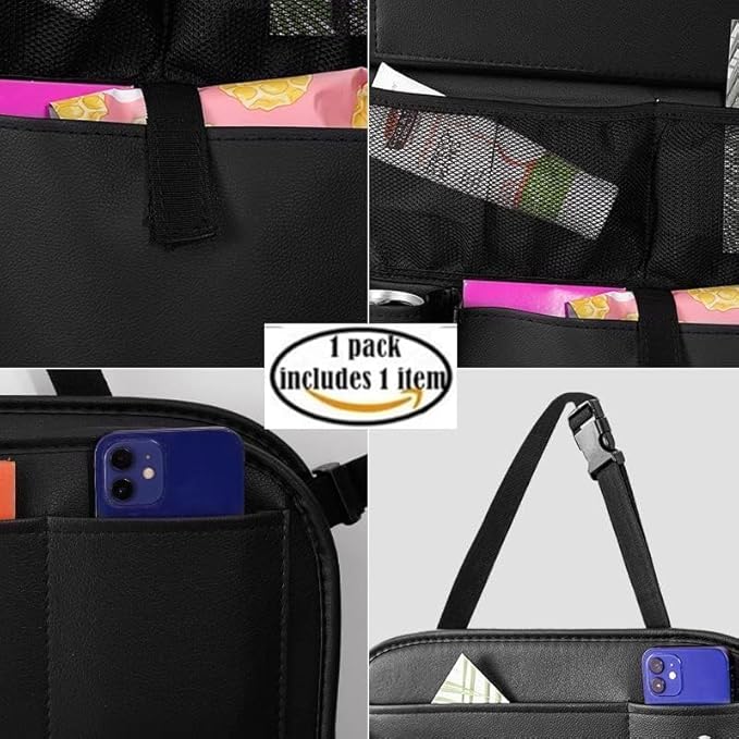 Leather Car Backseat Organizer with Tablet Holder - 9 Large Storage Pockets, Foldable Food Tray & Anti-Scratch Kick Mats - Universal Car Seat Protector for Kids, Pets & Travel Accessories 1 Pack