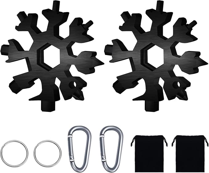 FZENeast 18-in-1 Snowflake Multitool, 2 Pcs Stainless Steel Standard Multi-Tool With Key Ring, Carabiner Clip and Storage Bag (Black)