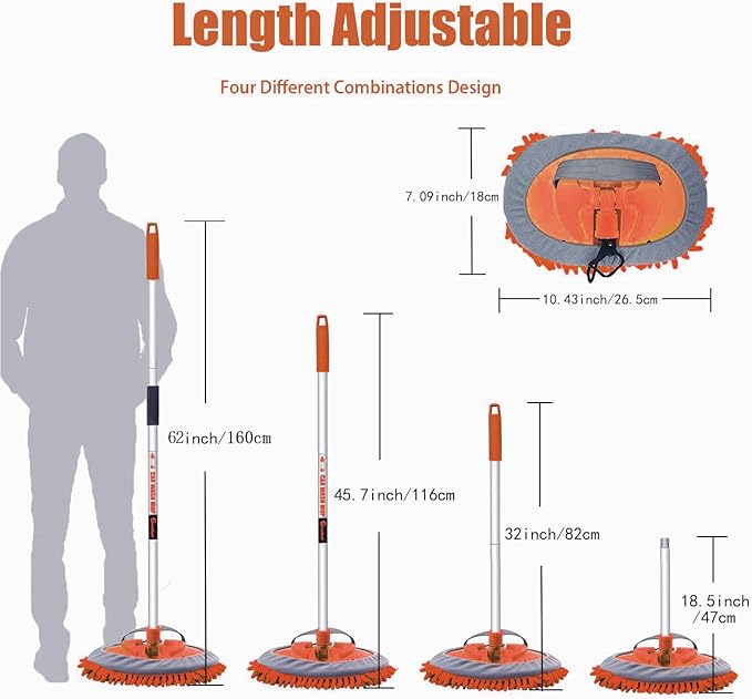 62" Car Wash Brush Mop Kit with Long Handle, 2 in 1 Chenille Microfiber Sponge Mitt Cleaning Detailing Duster for Washing Cars Truck SUV RV Caravans and Household(2 x Mop Head) (Orange)