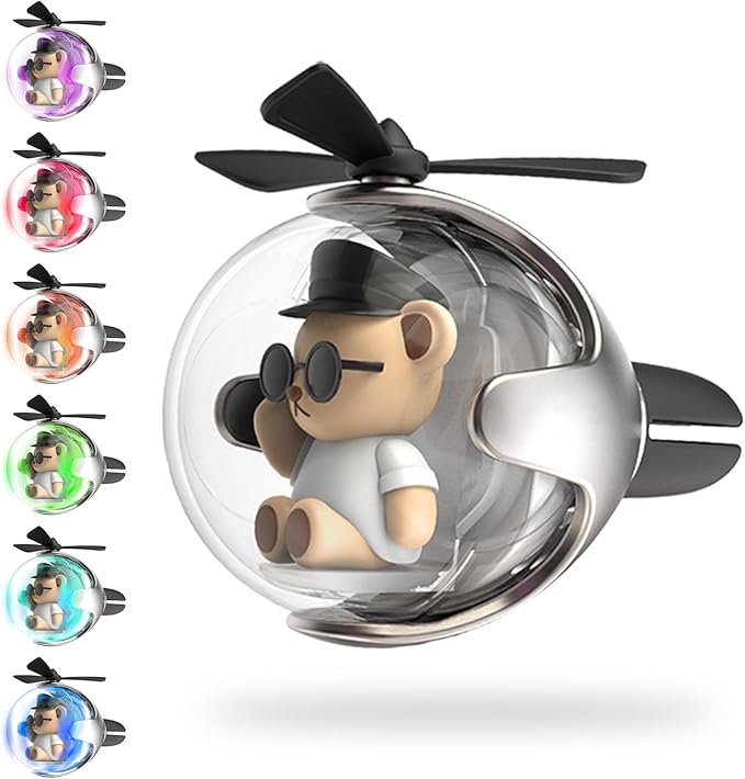 White & Black Bear Car Air Freshener with LED Lights & 4 Scented Pads – Subtle Fragrance, Decorative Auto Accessories