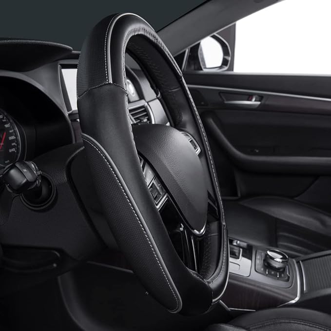 Car Pass Color Piping Microfiber Leather Universal Fit Steering Wheel Cover,Perfectly fit for 14.5-15 inches Suvs,Vans,Trucks,Sedans,Cars,Automotive(Black & Gray or Grey)