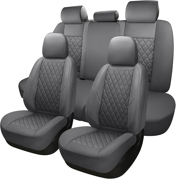 Premium Leather Car Seat Covers Full Set,Universal Fit for Cars,Trucks&SUVs,Waterproof Car Seat Cushion,Full Coverage Car Seat Protector with 5 Seats,Grey