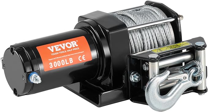 VEVOR ATV Winch, 3000 lb Electric Winch, 12V Small ATV UTV Winch with 3/16 in x 39 ft Steel Cable Roller Fairlead Wired Remote Control, IP55 Waterproof for Towing UTV ATV Car Vehicle Off-Road