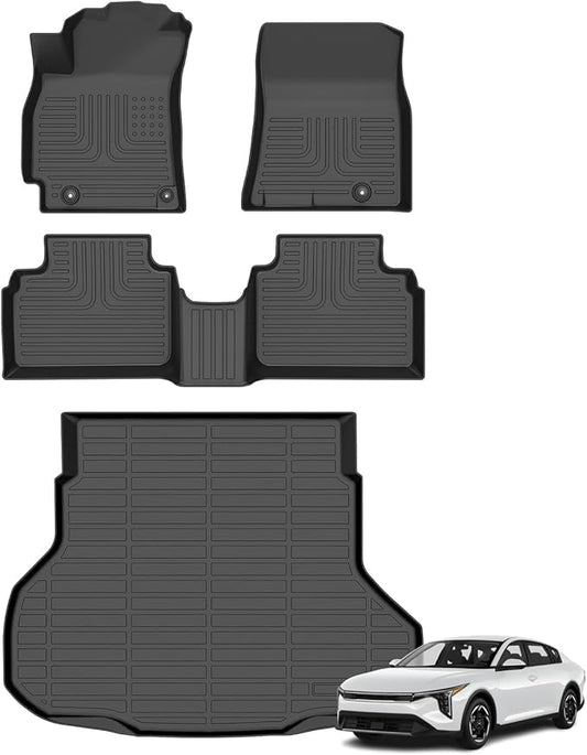 Floor Mats & Cargo Liner for Kia K4 2025 All Weather Automotive TPE Set Anti-Slip Waterproof Floor Liners Accessories (Car Mats+Trunk Mat) Black