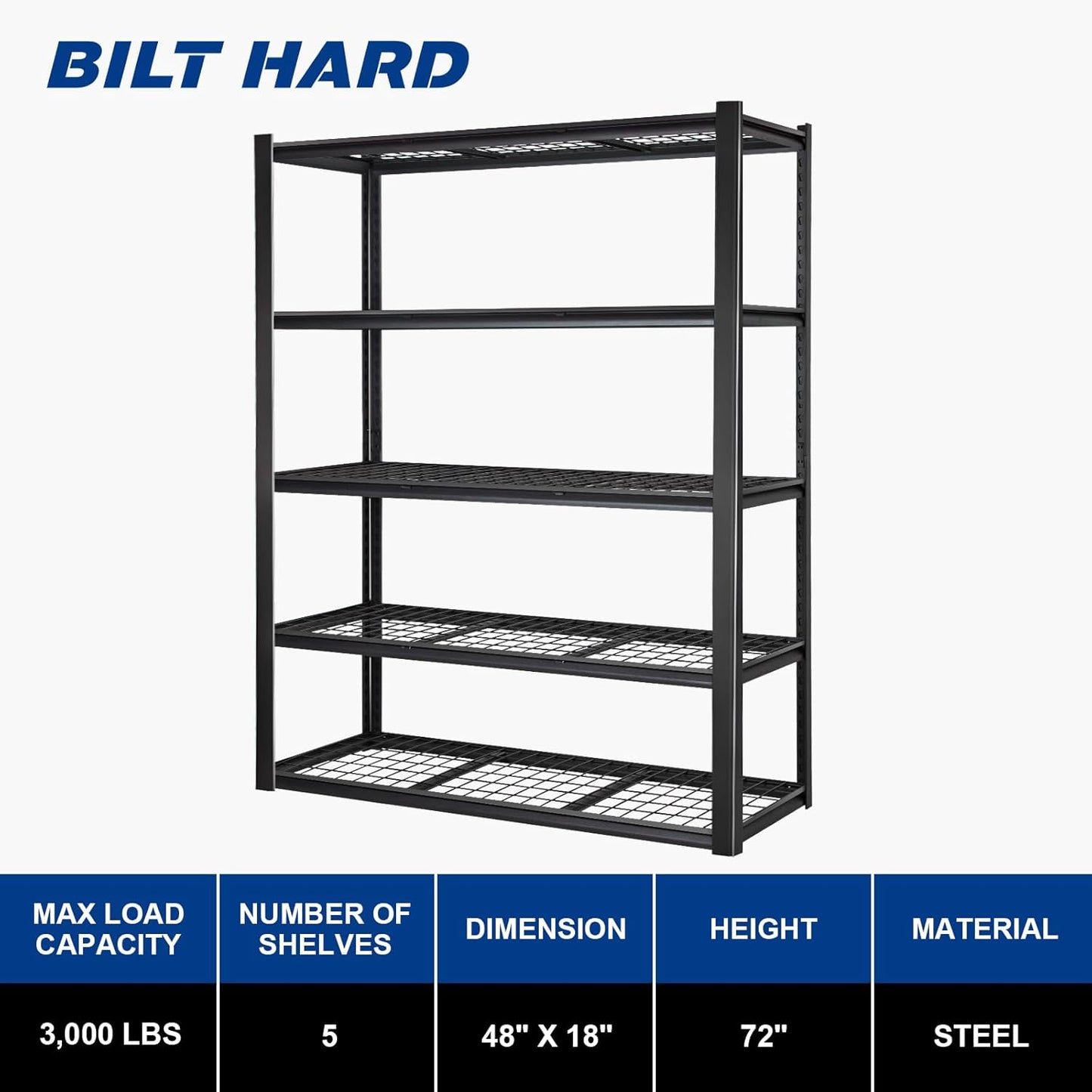 BILT HARD 48" W Garage Shelving 3000 LBS, 72" H x 18" D Storage Shelves, 5-Tier Industrial Heavy Duty Storage Shelves, Steel Shelving with Adjustable Rack, Black
