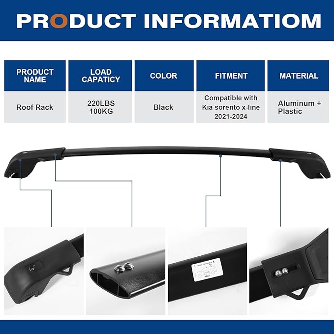 Lockable Roof Rack Cross Bars 220lbs Compatible with Kia Sorento X-Line & X-Pro 2021 2022 2023 2024 2025 (with Raised Rails,Not Flushed Rails), Crossbars Rooftop Cargo Carrier Luggage