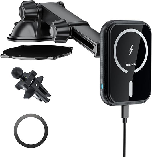 for MagSafe Car Mount Charger, (15W Fast Charging) Magnetic Wireless Charging Phone Holder Fits iPhone 16/15/14/13/12 Pro Max Plus/MagSafe Case on Dash/Windshield/Air Vent/Desk Bumpy Roads