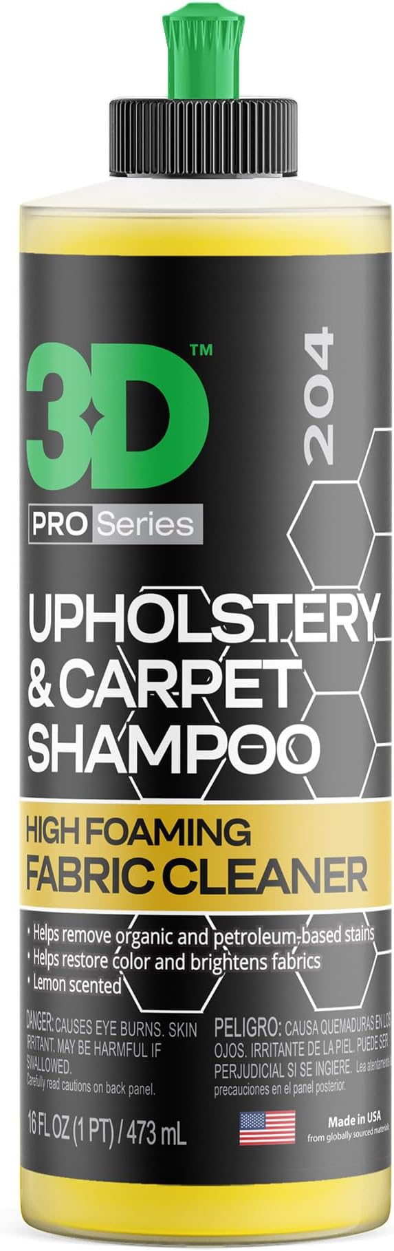 3D Upholstery & Carpet Shampoo - High Foam Stain Remover & Odor Eliminator Shampoo 16oz.