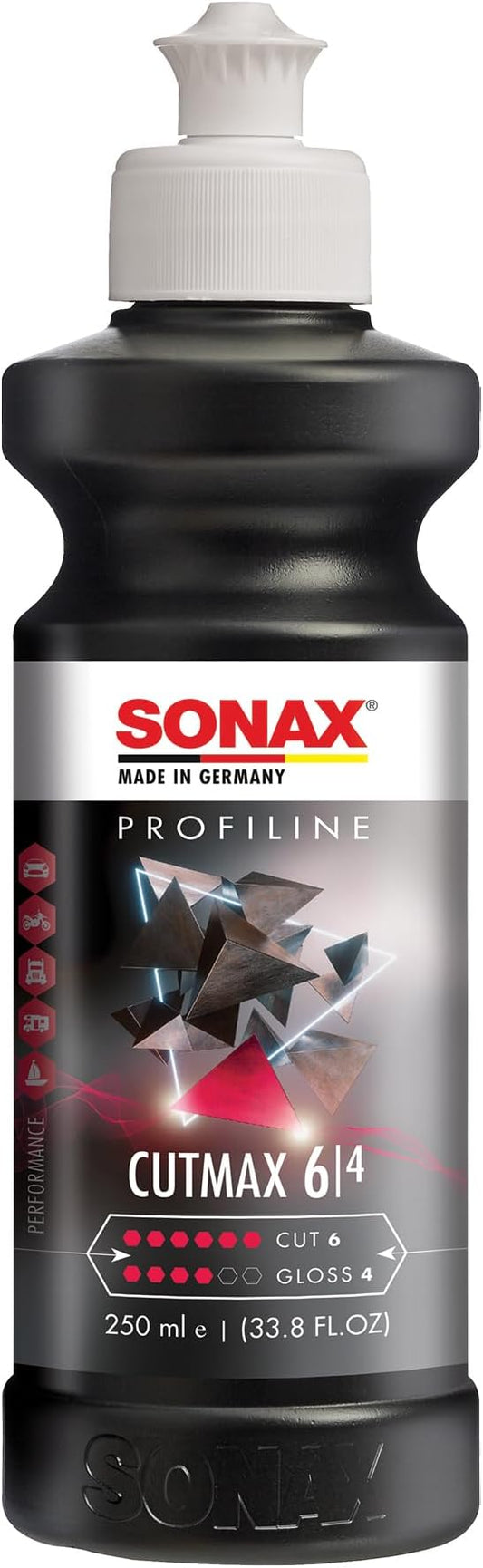 SONAX CutMax Compound 246141 | High-Abrasive Paint Correction Polish for P1500 Grit Sanding Marks | Silicone-Free, Dust-Free, and Odorless | Long Buffing Cycle for Severe Weathered Paint | 250ml
