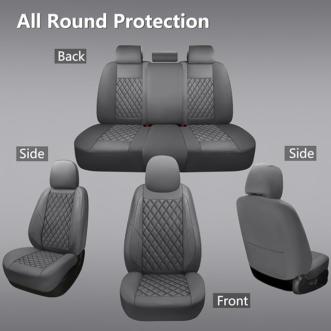 Premium Leather Car Seat Covers Full Set,Universal Fit for Cars,Trucks&SUVs,Waterproof Car Seat Cushion,Full Coverage Car Seat Protector with 5 Seats,Grey