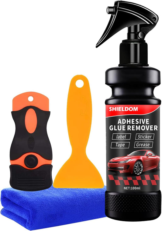 Adhesive Remover, Dissolve & Soften Adhesives on Car Glass & Paint, Easily Remove Glue Sticker Labels Decals Tape Residue, Portable Spray Removal Set with Scraper, Spatula, Towel -3.4oz/100ml