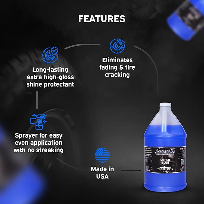 LANE'S Super Blue Tire Dressing Spray | High-Gloss Car Tire Shine Spray | No Sling, No Run, Long Lasting | Protects from Cracks & UV Rays | Non-Greasy Automotive Dressing & Cleaner | 1 Gallon, 2 Pack