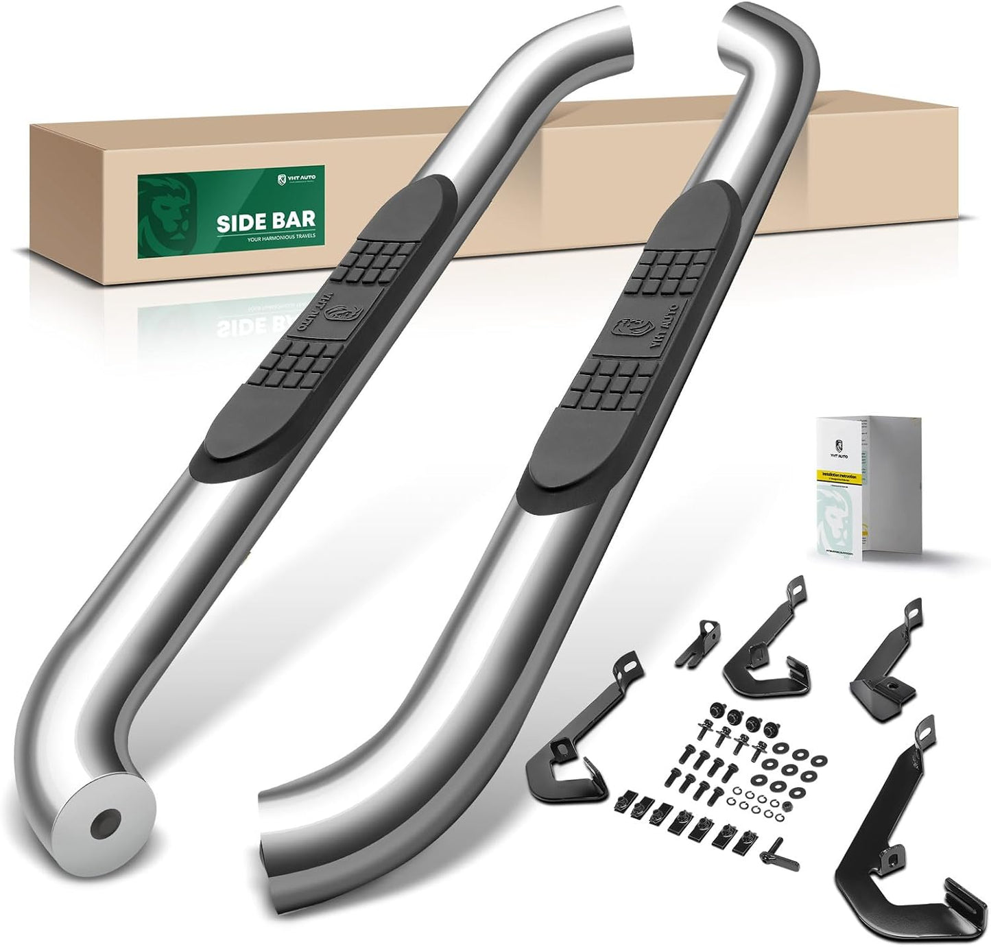 YHTAUTO 3 Inch Running Boards Side Steps Compatible with Chevy Silverado & GMC Sierra 1500/2500 HD/3500 HD, Standard/Regular Cab, Round Stainless Steel Polished Chrome Truck Cab Side Step Rails