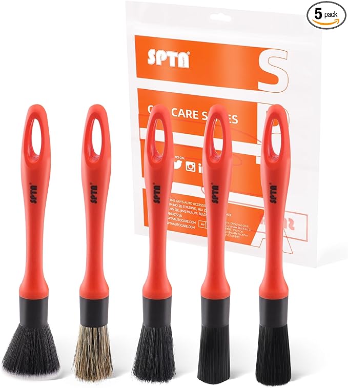 SPTA Car Detailing Brush Set, 5 Pack Soft Mixed Hair Auto Detail Brush Kit No Scratch for Automotive Elegant Surface Interior Exterior Dashboard Emblems Panels Engine Bay Wheels Air Vent Seat Leather