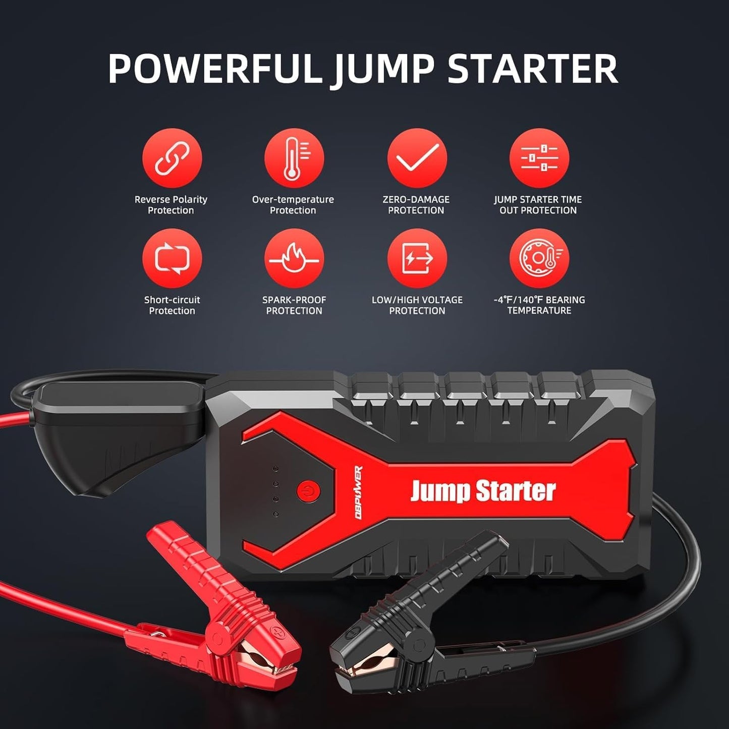 DBPOWER 3000A/80.66Wh Portable Car Jump Starter (UP to 10.0L Gas/8.0L Diesel Engines) 12V Auto Lithium-Ion Battery Booster with Smart Clamp Cables, Quick Charge, and LED, Storage Bag