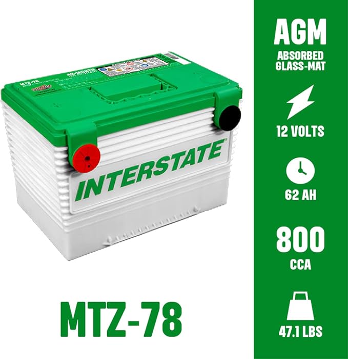 Interstate Batteries Automotive Battery 12V 62Ah 800CCA (MTZ-78) Automobile SLI AGM Starting Replacement Battery (Group Size 78) Cars, SUVs, Sedans, Trucks